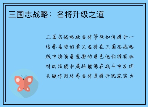 三国志战略：名将升级之道